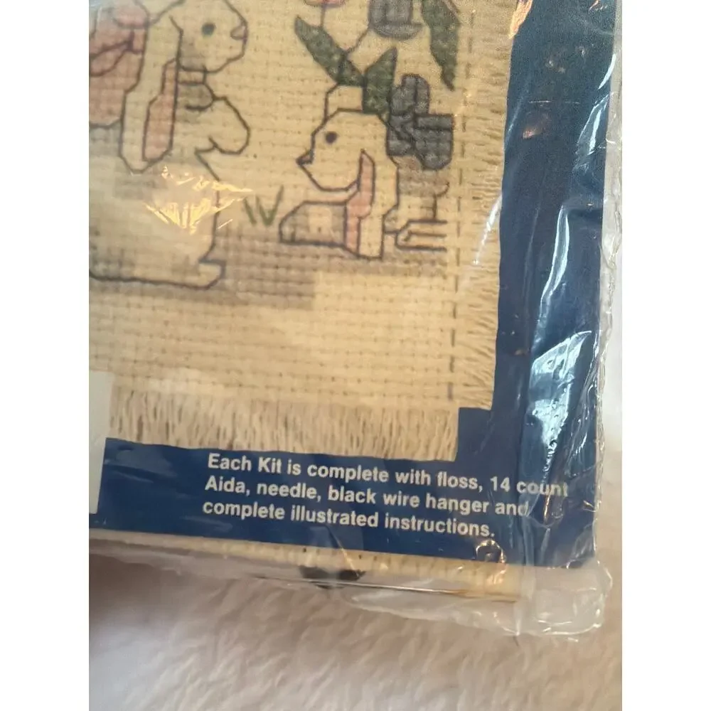 Vintage Quick & Easy Cross Stitch Kit Bunnies Rabbits Flowers Wall Hanging NOS